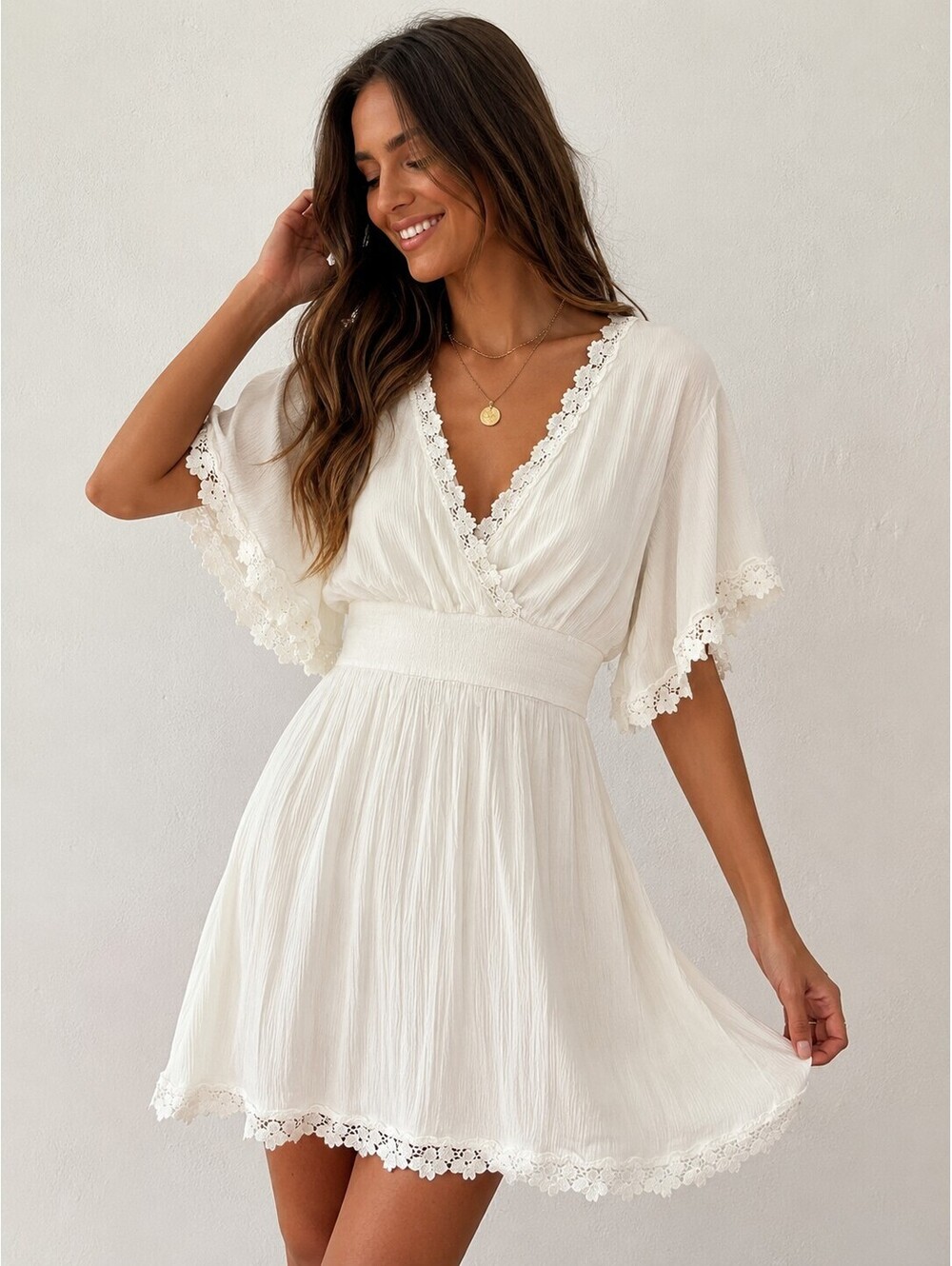 Lulus White Lace Trim Mini Dress Size M Boho Cottagecore Flutter Sleeve Rayon